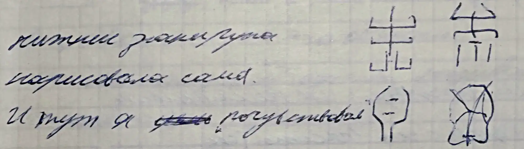 Рукописный текст на клетчатой бумаге: «китайские иероглифы нарисовала сама. И тут я...» рядом с четырьмя нарисованными иероглифами и схематичными рисунками.
