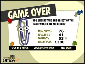Скриншот игры Office XP: «GAME OVER», зажимание скрепки клипсой, статистика: 76 выстрелов, 41 попадание, точность 53%, время 1388 сек.
