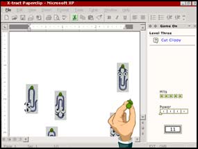 Скриншот игры «Craft Paperclip» в Microsoft XP: рука держит зелёный скрепку, на экране — три скрепки и панель с кнопками «Cut Copy» и «Paste».
