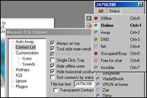 Скриншот настроек Miranda IM: меню Options с вкладками Auto Away, Contact List, Customization и окном статуса Online, Away, DND, NA, Occupied/Busy, Free for chat, Invisible.