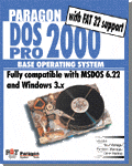 Обложка программы Paragon DOS 2000 с надписью «with FAT 32 support», «BASE OPERATING SYSTEM» и «Fully compatible with MSDOS 6.22 and Windows 3.x», изображением дискеты и платы.