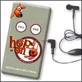 Зелёный портативный MP3-плеер с логотипом «Hop On» и кнопками CALL/END, рядом — наушники с микрофоном; на корпусе надпись «RECYCLABLE CELL PHONE».