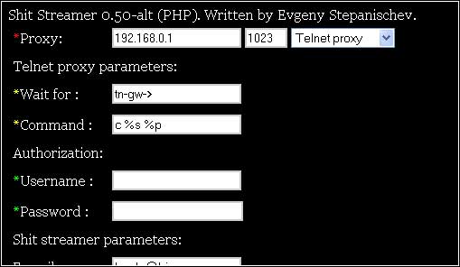 Настройка Telnet-прокси в Shit Streamer: адрес 192.168.0.1, порт 1023, команда c%s%p, поля авторизации пустые.