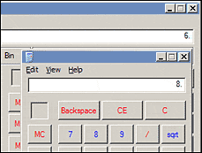 Скриншот интерфейса калькулятора в стиле Windows 95 с видимыми кнопками Backspace, CE, C, MC, цифрами 7, 8, 9, слэшем и функцией sqrt.