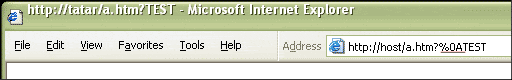 Скриншот окна браузера Microsoft Internet Explorer с адресной строкой, содержащей URL http://host/a.htm?%DATEST и заголовком вкладки http://fatar/a.htm?TEST.