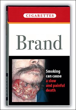 На пачке сигарет «Brand» — предупреждение: фотография человека с поражённой нижней челюстью и надпись «Smoking can cause a slow and painful death».