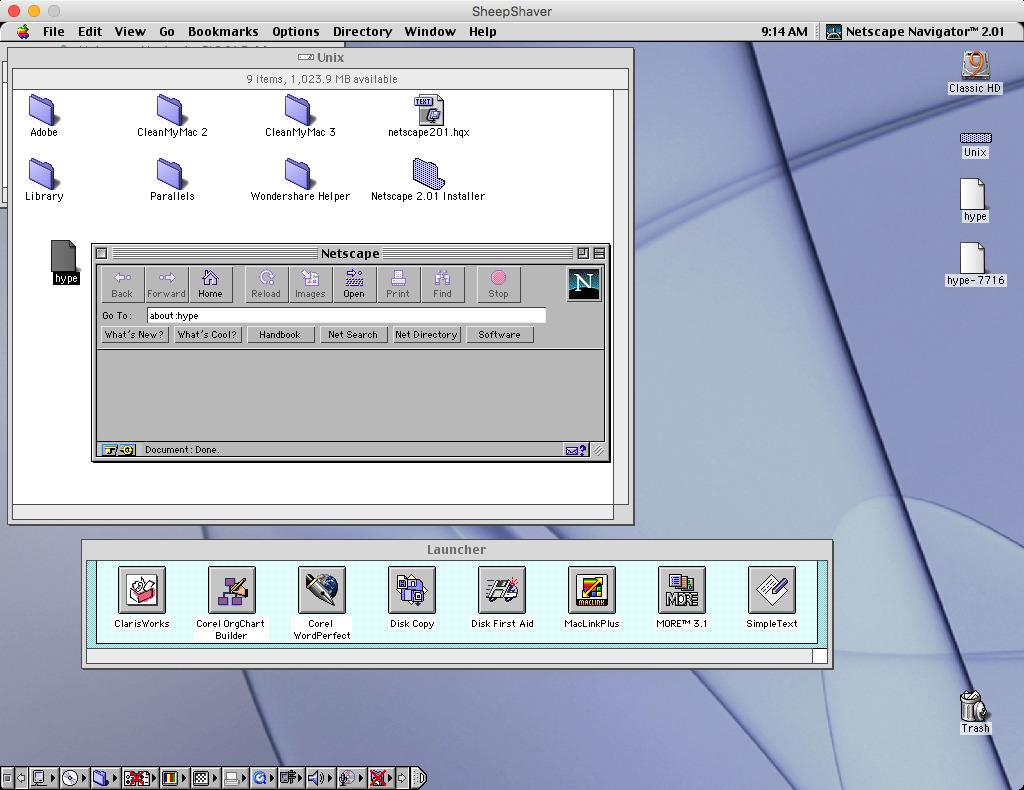 Скриншот интерфейса SheepShaver с запущенной Netscape Navigator 2.01, окном Unix с папками и файлами, панелью Launcher с приложениями и рабочим столом Mac OS.
