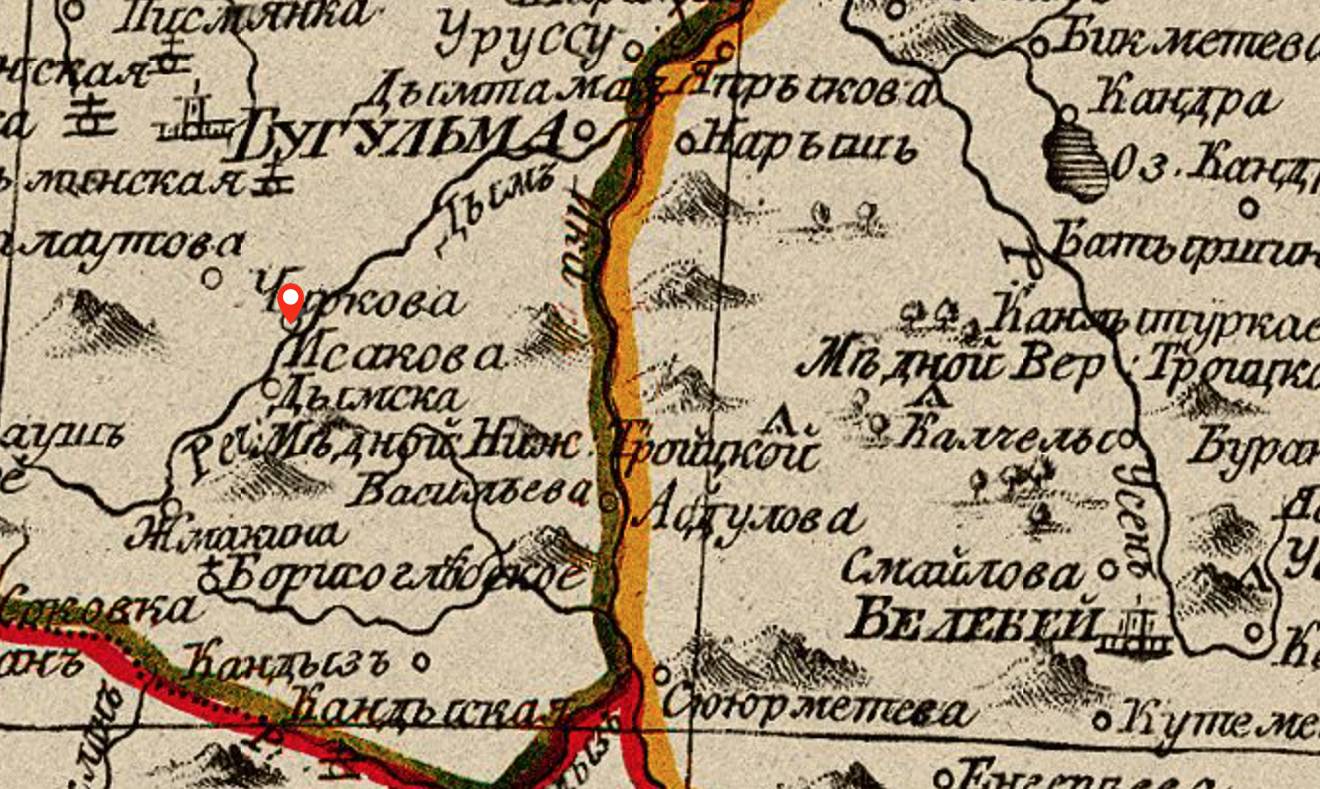 Фрагмент исторической карты с названиями населённых пунктов: Бугульма, Черкова, Дымска, Медный Верх, Белебей; красная метка указывает на Черкову.