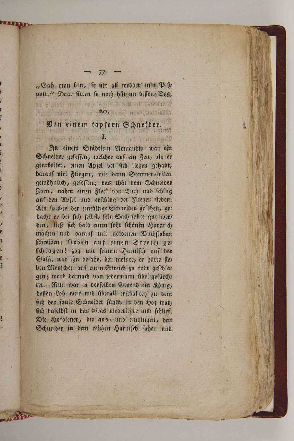 Страница 77 старинной книги на немецком языке с заголовком «Von einem tapfern Schneider» и текстом сказки о храбром портном, рассказывающей о его подвигах и хитростях.