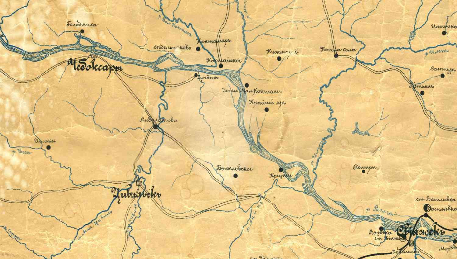 Старинная карта с реками, сёлами и городами, включая Чебоксары, Цивильск и Свияжск, нанесёнными рукописным шрифтом на пожелтевшую бумагу.