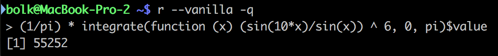 Результат вычисления в R: (1/pi) * integrate((sin(10*x)/sin(x))^6, 0, pi) = 55252