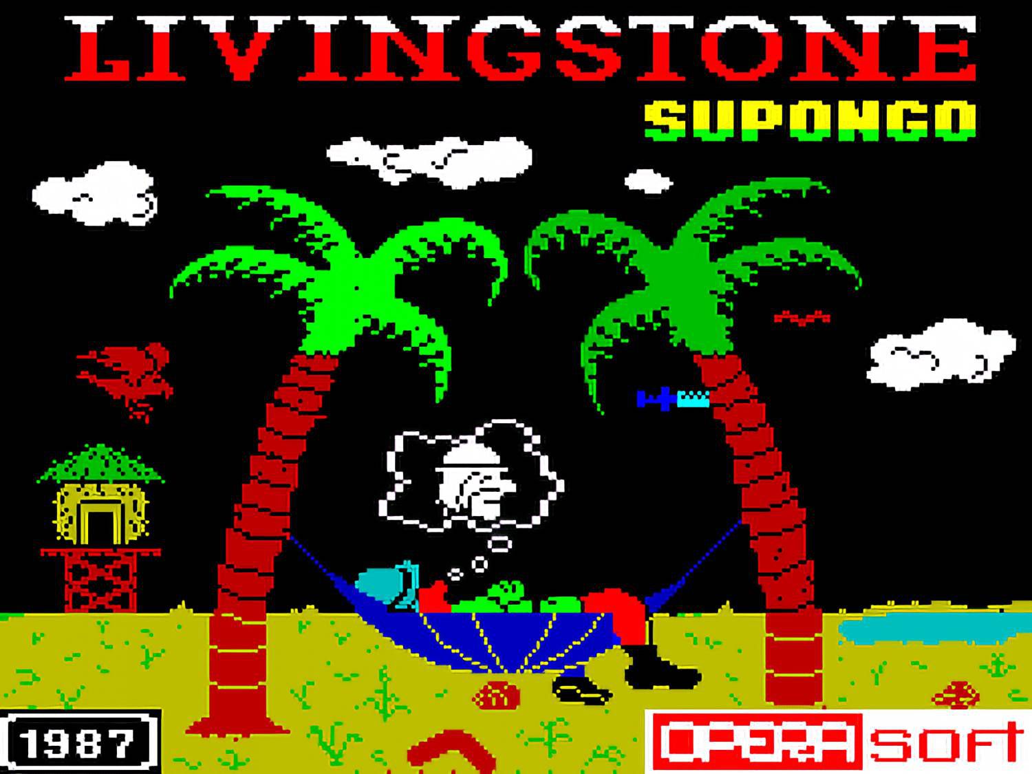 Пиксельная обложка игры «LIVINGSTONE SUPONGO» (1987, OPERA soft): человек в гамаке между пальмами на фоне хижин и облаков.