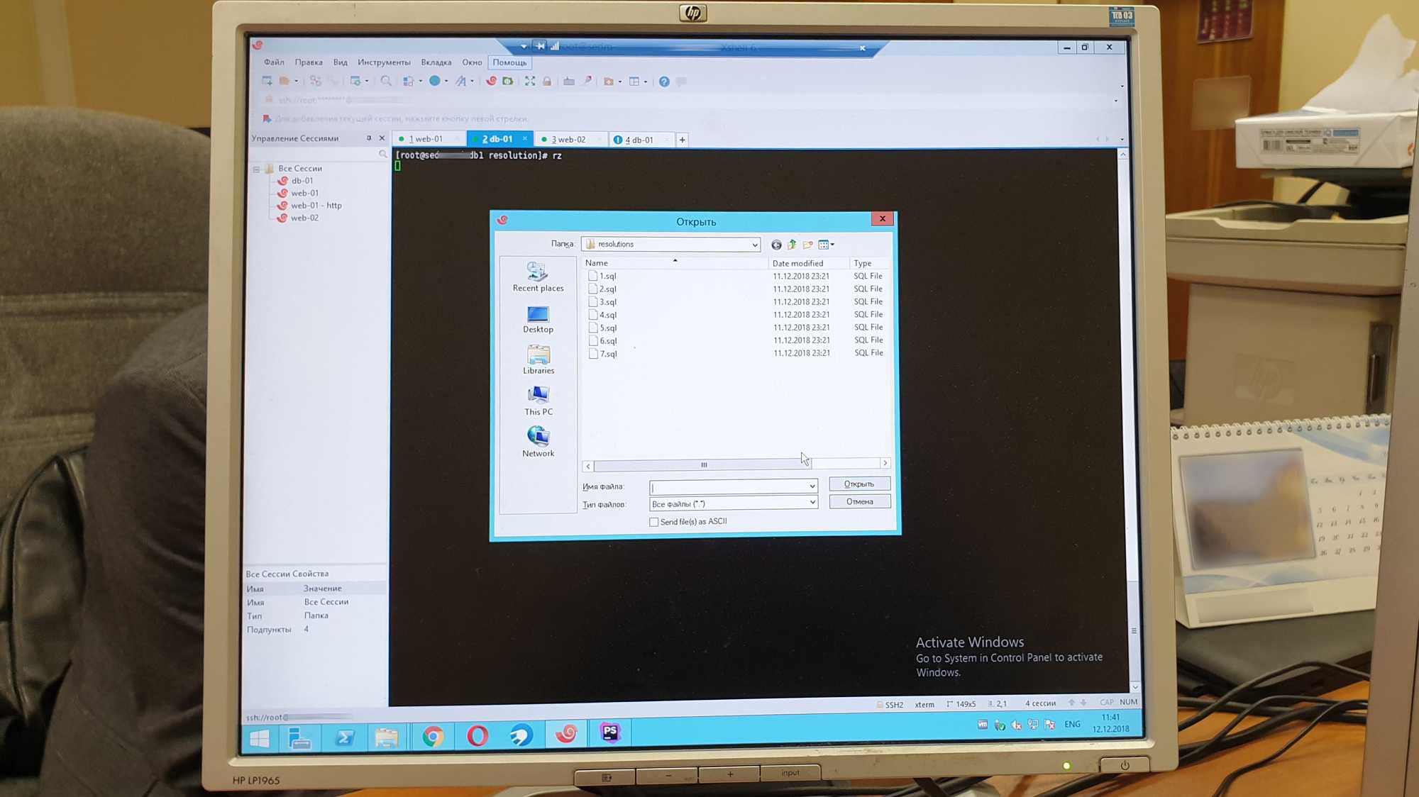 Скриншот рабочего стола Windows с открытым окном «Открыть» в программе MobaXterm, где выбраны SQL-файлы из папки resolutions; внизу — уведомление «Activate Windows».