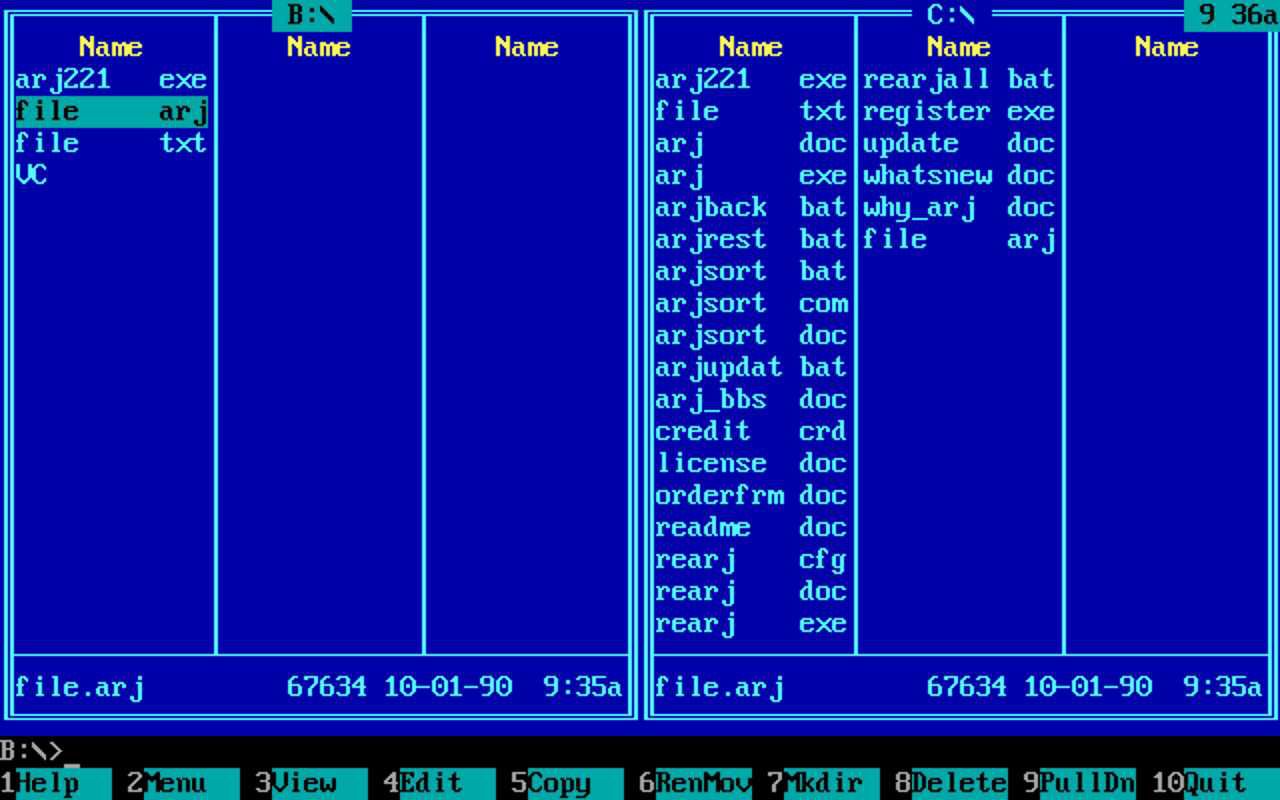 Скриншот интерфейса Norton Commander: два окна с файлами на дисках B:\ и C:\, выделен файл file.arj, внизу меню команд и дата 10-01-90