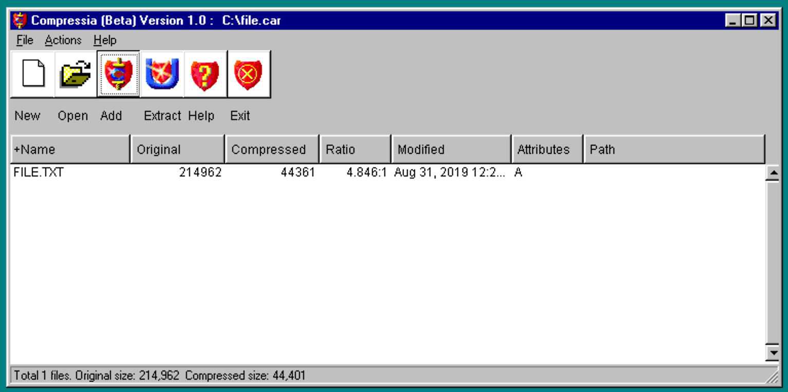 Интерфейс программы Compressia (Beta) Version 1.0: файл FILE.TXT сжат с коэффициентом 4.846:1, оригинальный размер 214962 байт, сжатый — 44361 байт, дата изменения 31 авг 2019.