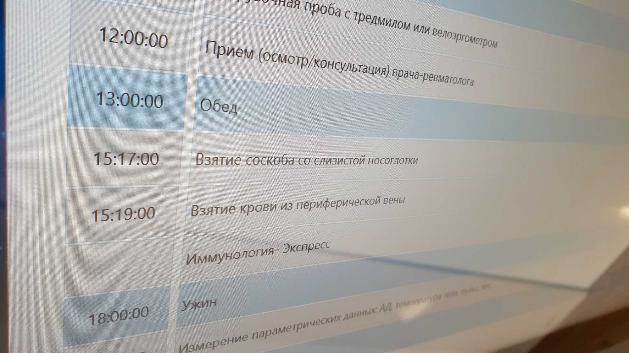 Расписание медицинских процедур: приём ревматолога в 12:00, обед в 13:00, взятие соскоба и крови в 15:17–15:19, иммунология-экспресс, ужин в 18:00, измерение параметров.