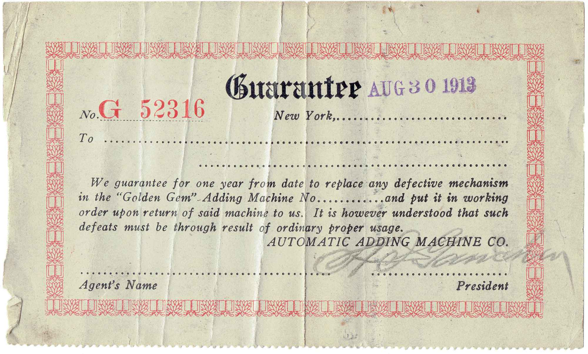Гарантийный талон от Automatic Adding Machine Co. (Нью-Йорк, 30 августа 1913 г.) на сумму № G 52316: гарантия на год замены дефектного механизма «Golden Gem» при возврате машины.