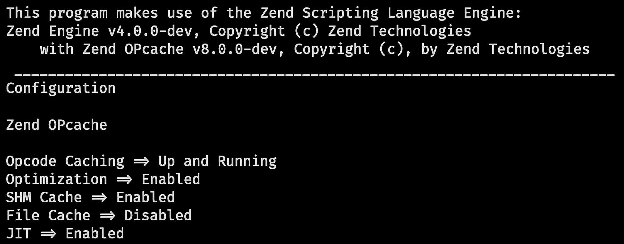 Скриншот вывода phpinfo: Zend Engine v4.0.0-dev, Zend OPcache v8.0.0-dev; Opcache Up and Running, Optimization Enabled, SHM Cache Enabled, File Cache Disabled, JIT Enabled.