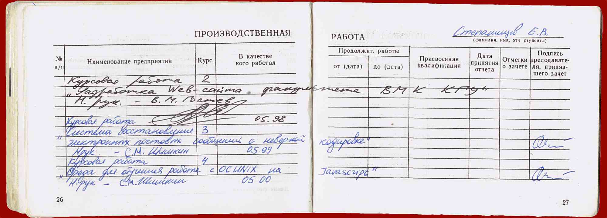 Страницы дневника практики студента Степанищева Е.В. с записями о курсовых работах по разработке веб-сайта, системам восстановления и среде UNIX на JavaScript.