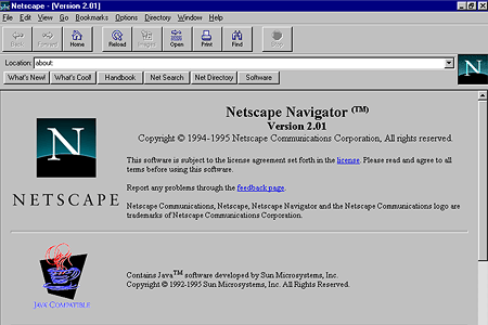 Скриншот окна программы Netscape Navigator версии 2.01 с логотипом, информацией о лицензии и копирайте Netscape Communications Corporation за 1994–1995 годы.