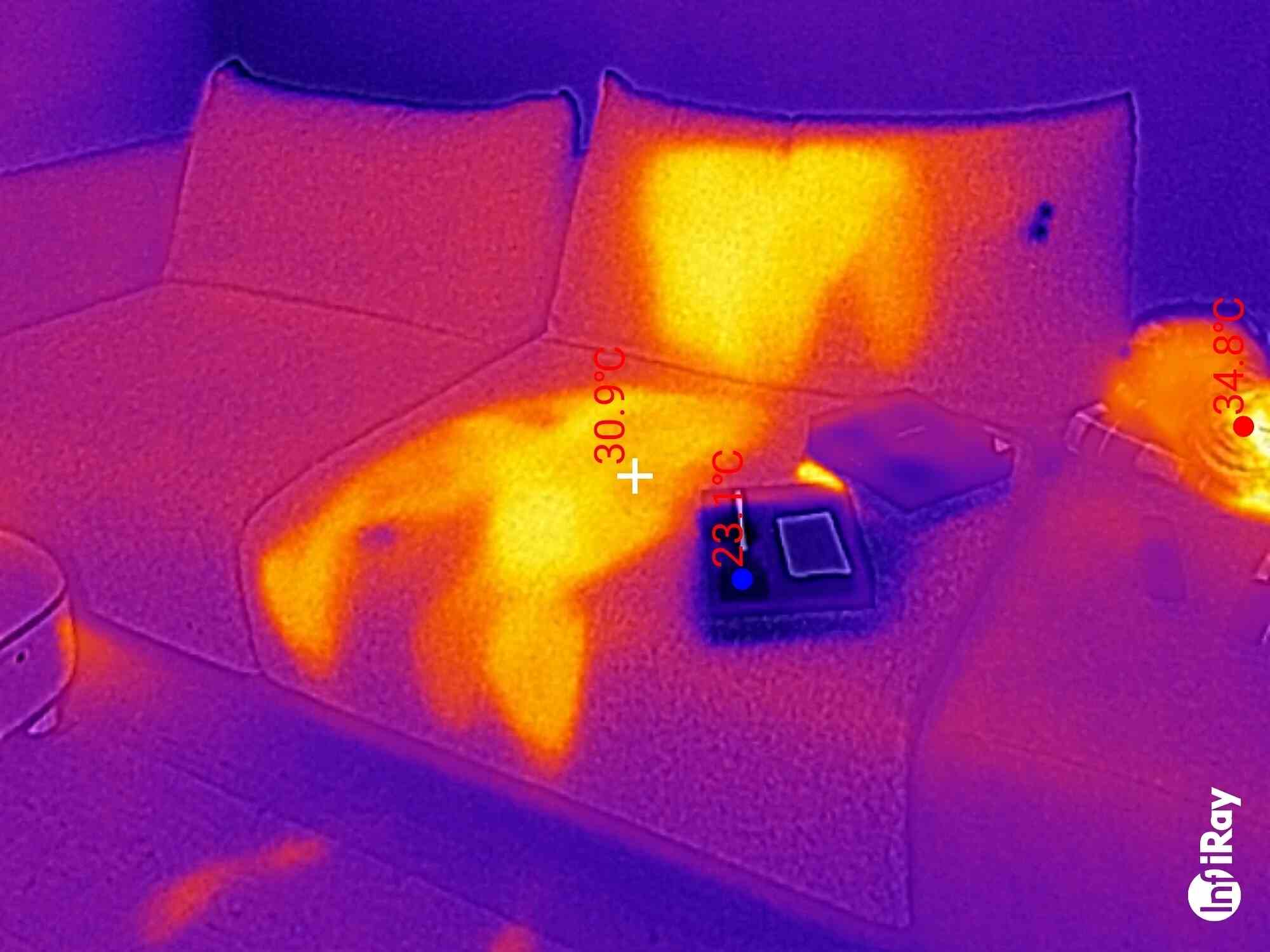 Тепловизионное изображение дивана с отметками температур: 30,9°C на сиденье, 23,1°C на устройстве и 34,8°C справа; логотип InfiRay в углу.