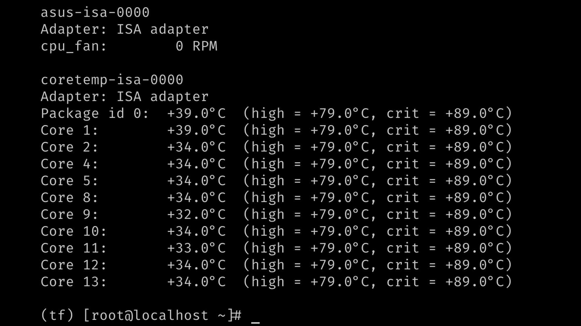 Терминал Linux с выводом датчиков температуры: процессор на +39°C, ядра от +32°C до +34°C, пределы high=+79°C, crit=+89°C; кулер CPU выключен (0 RPM), пользователь root@localhost.