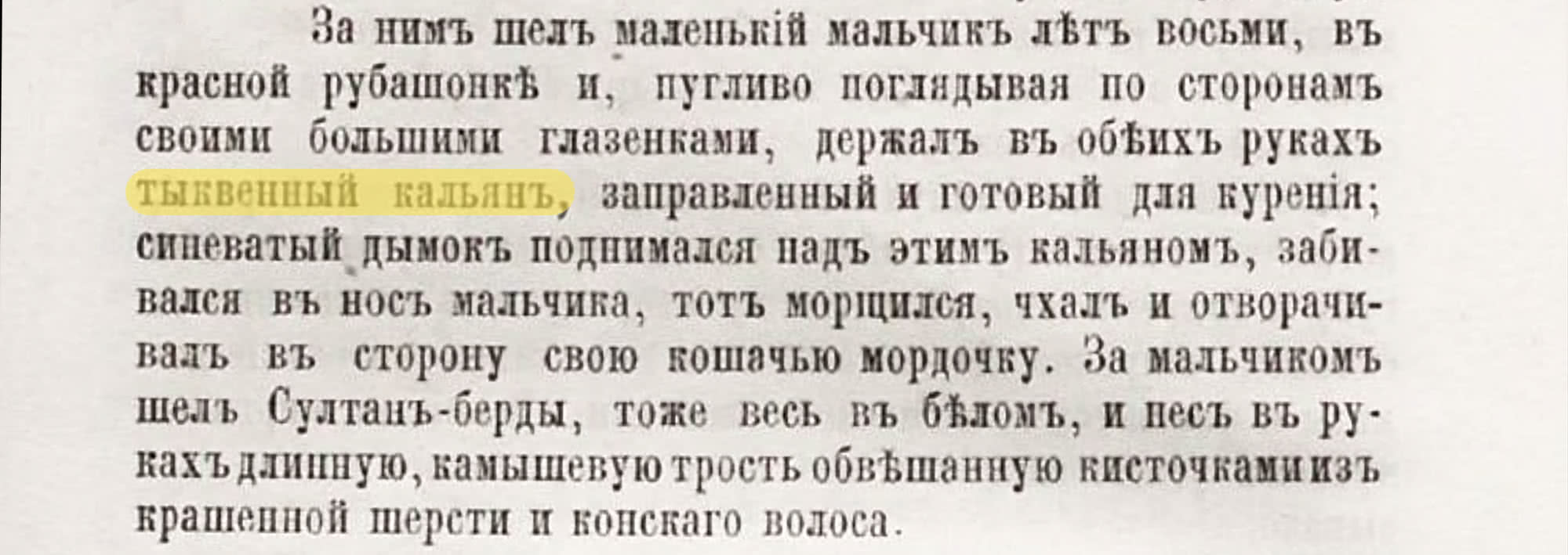 Отрывок из текста с выделенной фразой «тыквенный кальян», описывающий мальчика в красной рубашонке, держащего кальян, и Султан-берды с тростью.