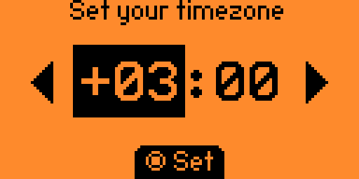 Экран настройки часового пояса с надписью «Set your timezone», значением «+03:00» и кнопкой «Set».