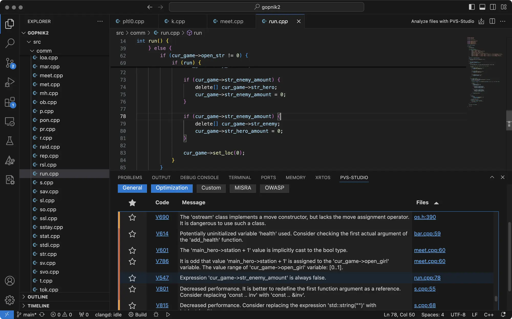 Скриншот VS Code: файл run.cpp и вкладка PVS-Studio с предупреждениями V690, V614, V601, V786, V547, V801, V815.