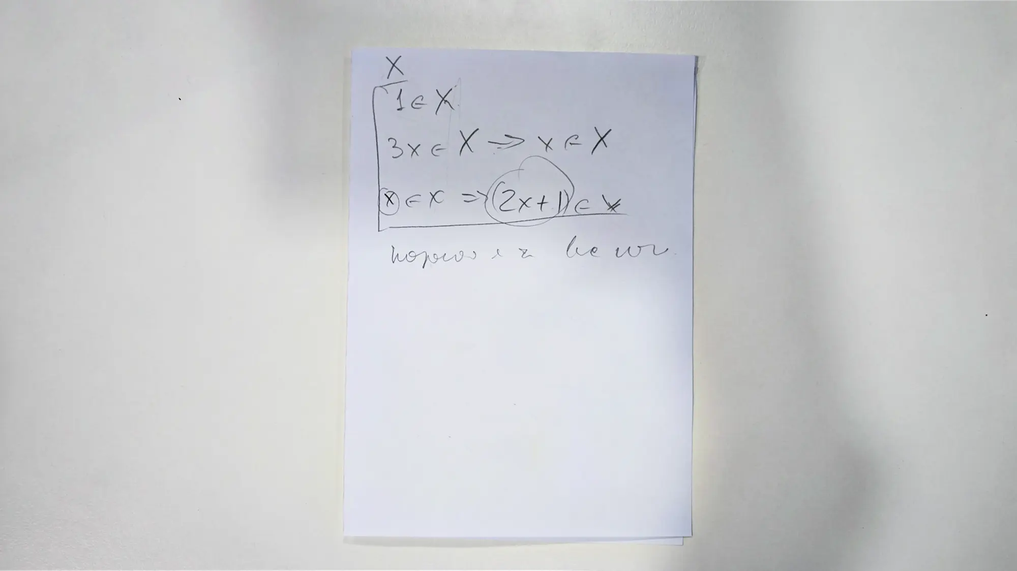 Рукописные математические записи на листе бумаги:  \in X$, x \in X \Rightarrow x \in X$, $x \in X \Rightarrow (2x+1) \in X$, и фраза «натуральные числа».