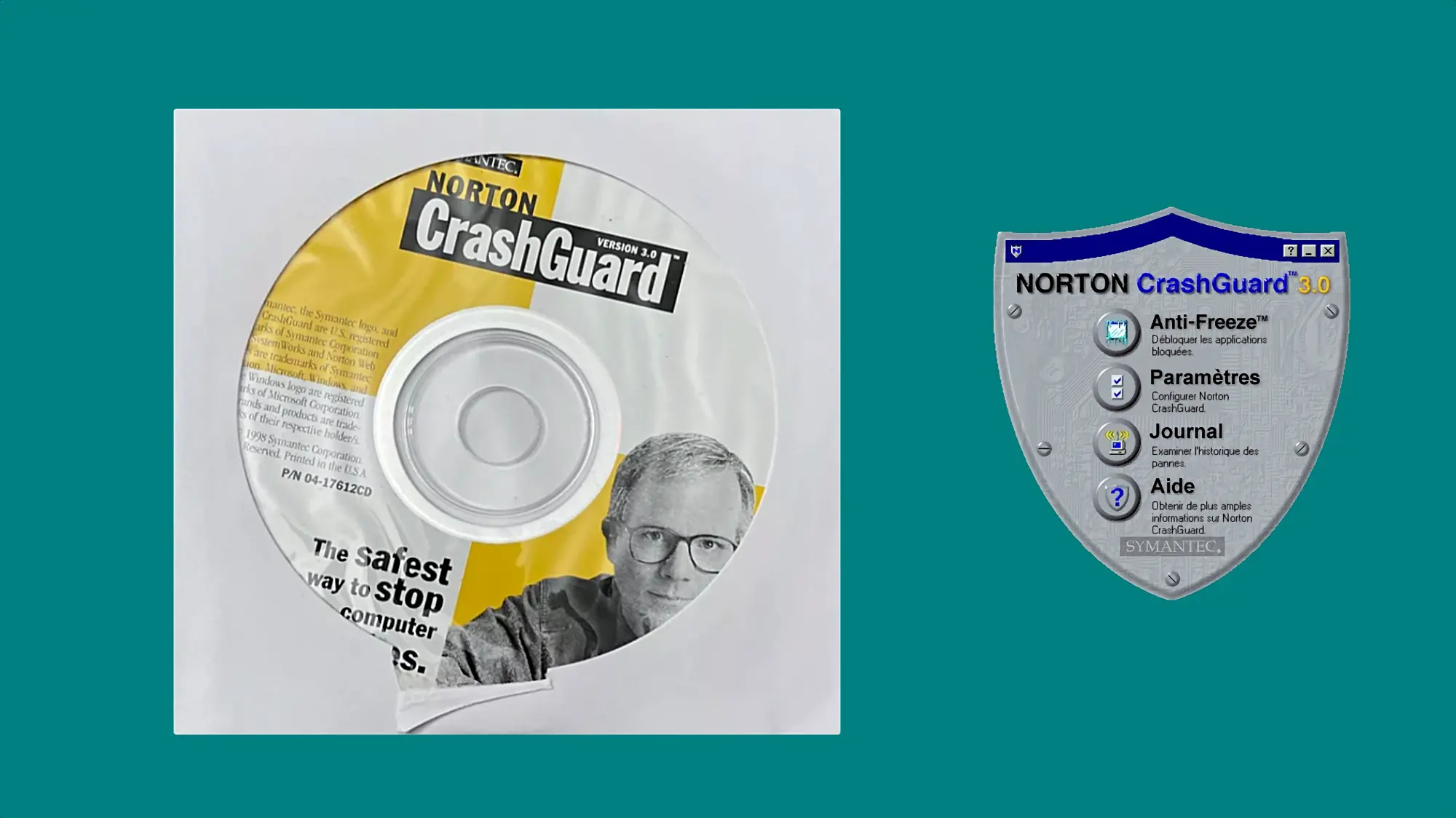 CD-диск Norton CrashGuard 3.0 с надписью «The safest way to stop computer crashes» и иконка программы с пунктами Anti-Freeze, Paramètres, Journal, Aide на фоне щита.
