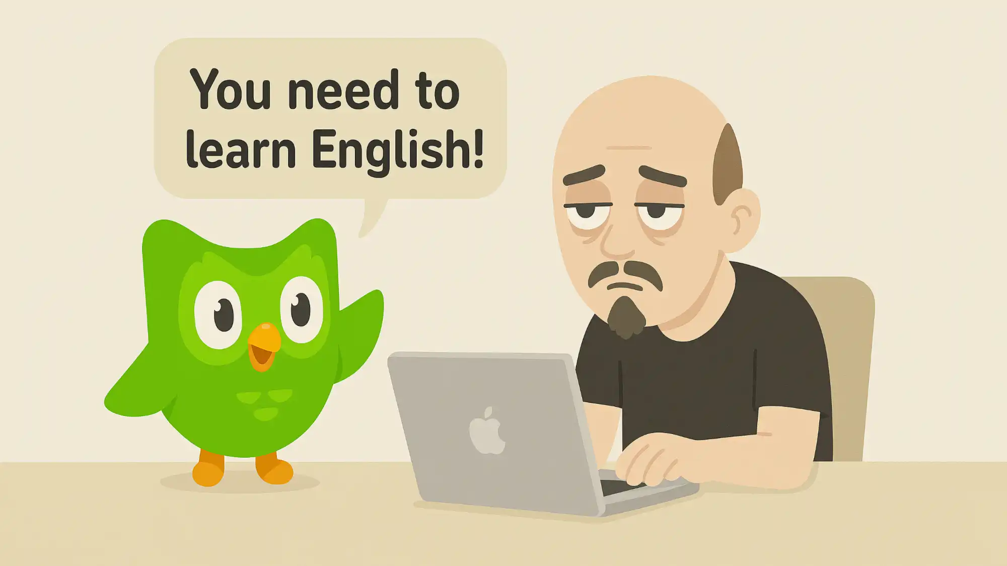 Зелёная сова Duolingo говорит: «You need to learn English!», а уставший мужчина с бородой печатает за ноутбуком Apple.