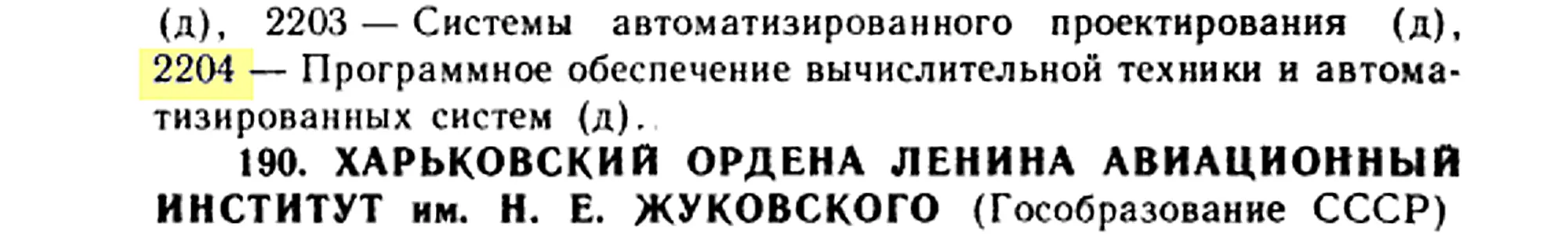 Скриншот: выделен номер 2204 «Программное обеспечение...». Заголовок: «190. ХАРЬКОВСКИЙ ОРДЕНА ЛЕНИНА АВИАЦИОННЫЙ ИНСТИТУТ им. Н. Е. ЖУКОВСКОГО (Гособразование СССР)».