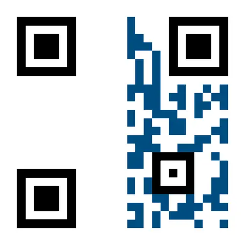 QR-код с тремя угловыми маркерами и синими модулями на белом фоне, предназначенный для сканирования устройствами.