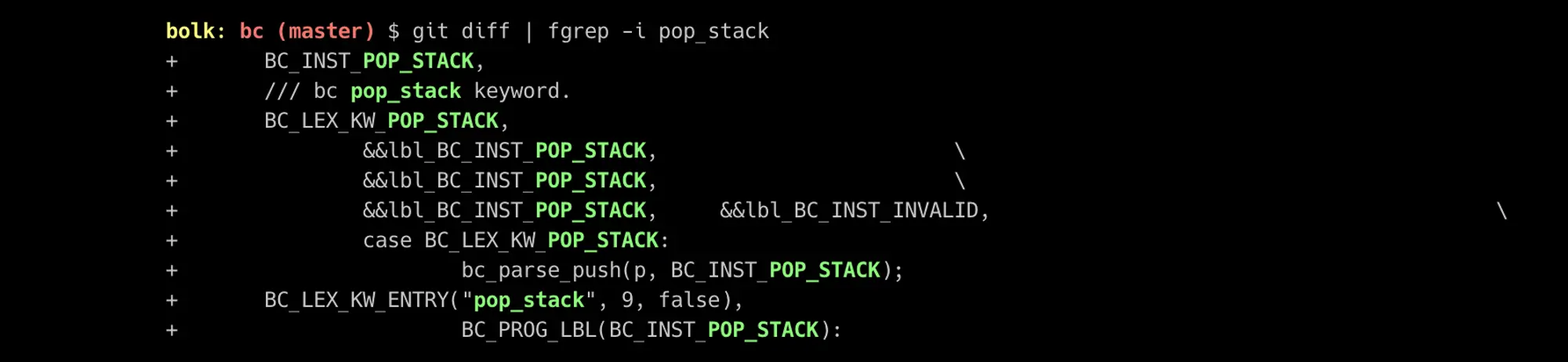 Скриншот вывода команды git diff | fgrep -i pop_stack в терминале, показывающий добавление кода для обработки ключевого слова pop_stack в языке bc.