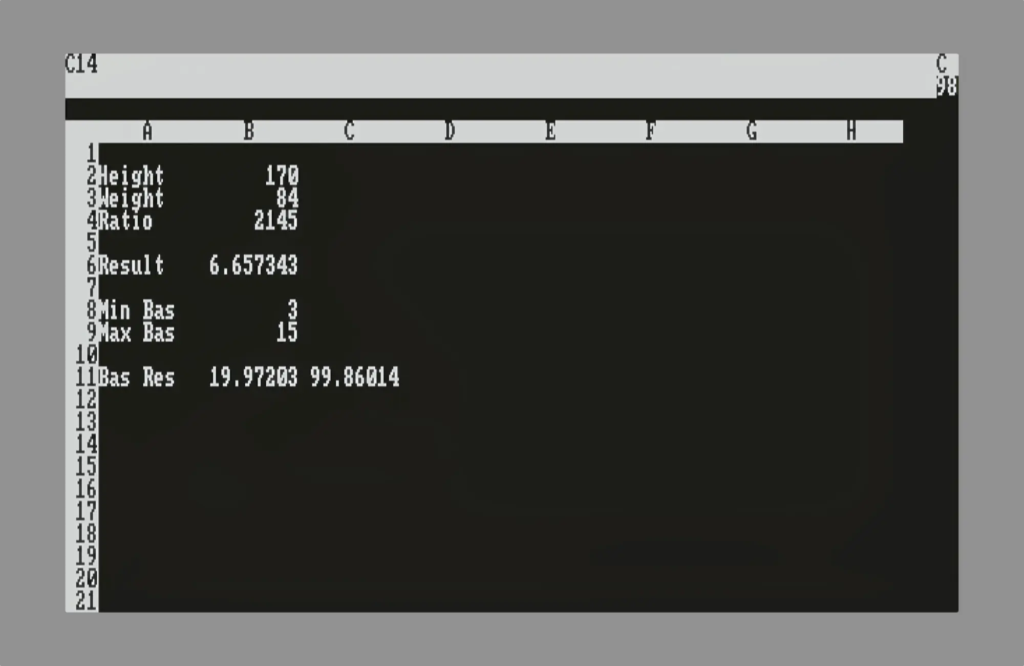 Скриншот таблицы с данными: Height 170, Weight 84, Ratio 2145, Result 6.657343, Min Bas 3, Max Bas 15, Bas Res 19.97203 99.86014.