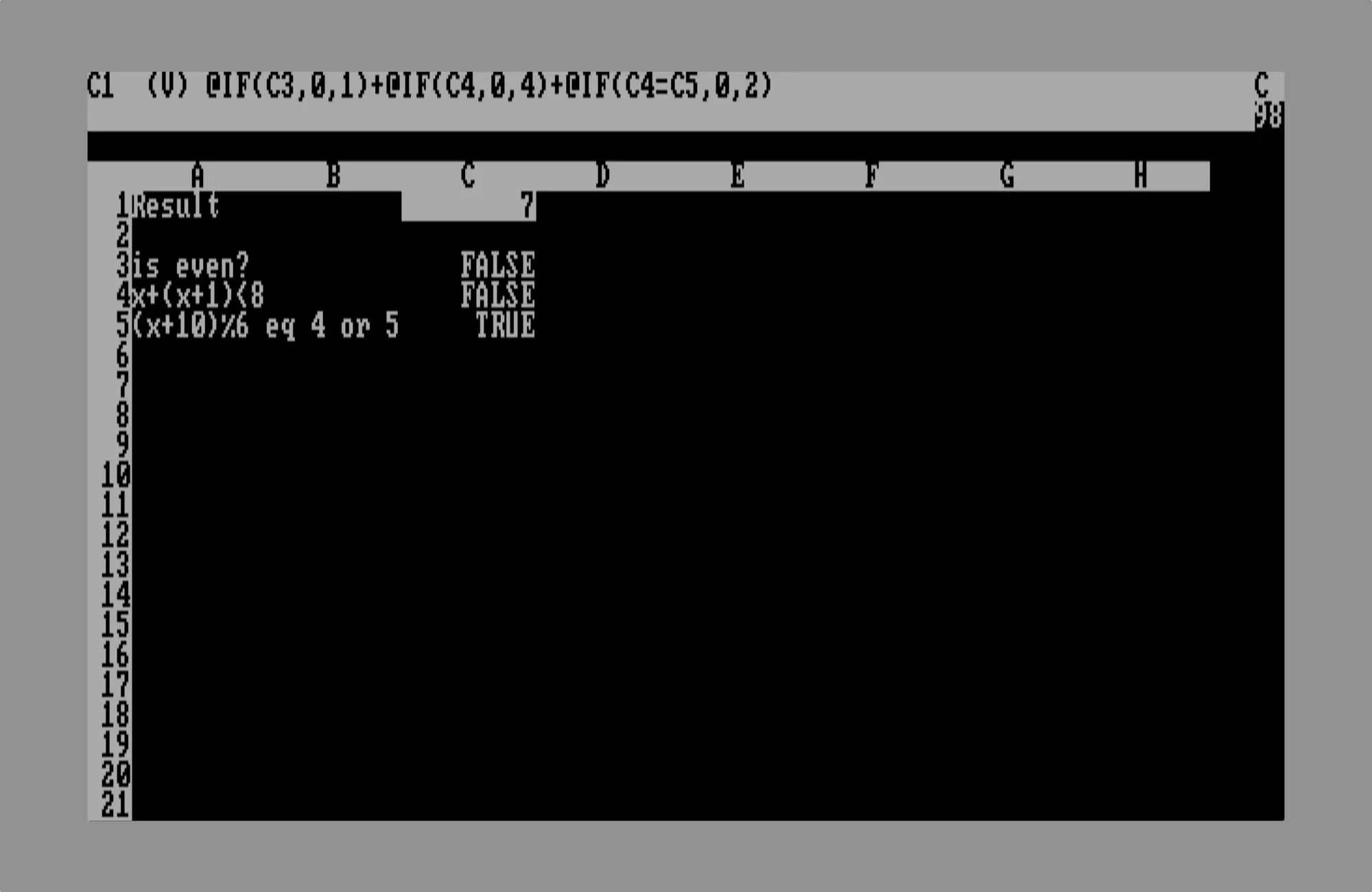Скриншот таблицы с формулой @IF(C3,0,1)+@IF(C4,0,4)+@IF(C4=C5,0,2) в строке 1, столбце C; значения: C3=7, C4=FALSE, C5=TRUE; столбцы A–H, строки 1–21.