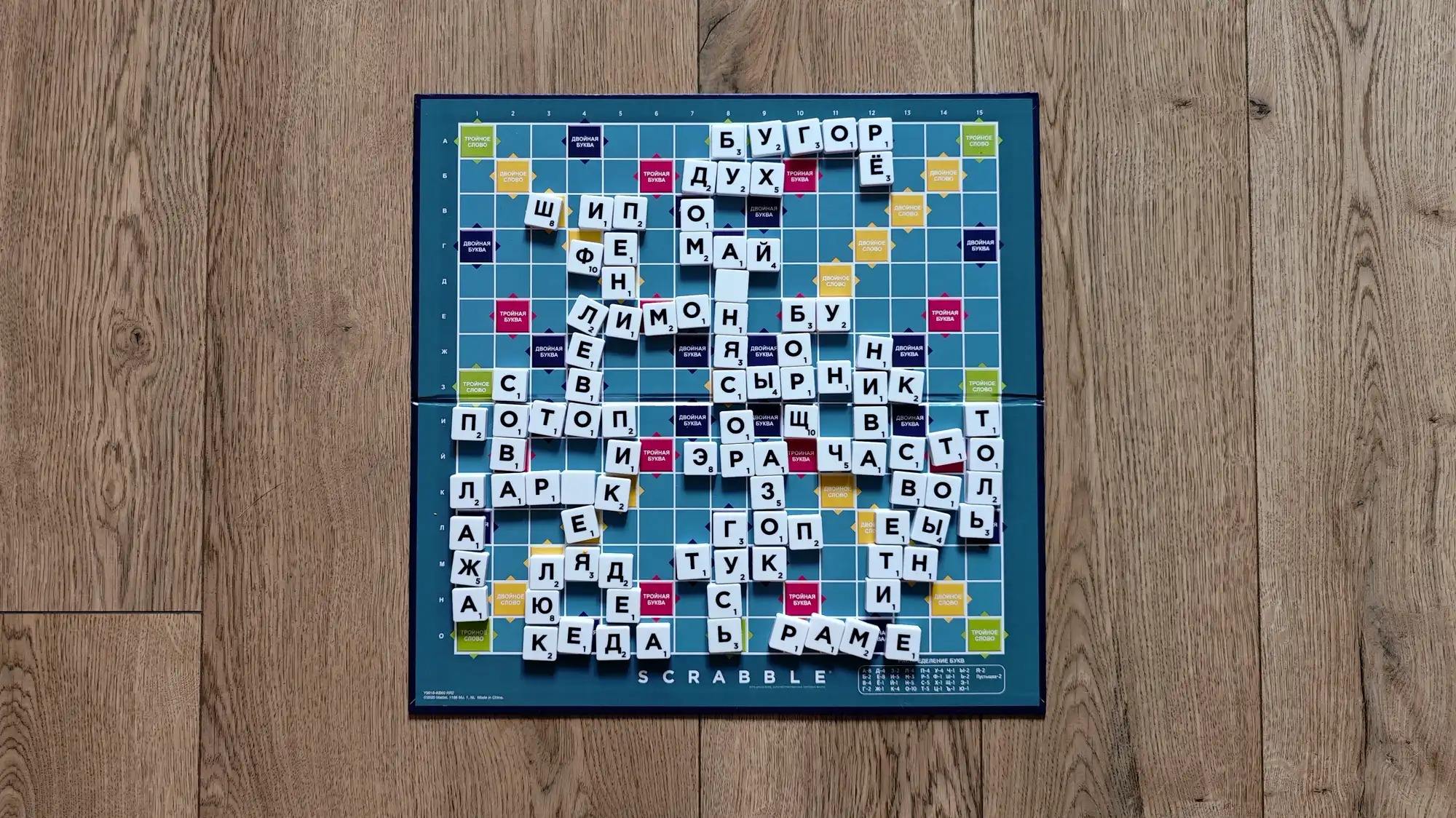 Скриншот игры в Scrabble: слова «БУГОР», «ДУХ», «ШИПО», «ФЕМАЙ», «ЛИМОН», «БУ», «СЫРНИК», «ПОТОП», «ЭРА», «ЧАСТО», «ЛАРК», «ГОП», «ВОЛ», «ЕБЫ», «ТН», «ЖЛЯД», «Тук», «И