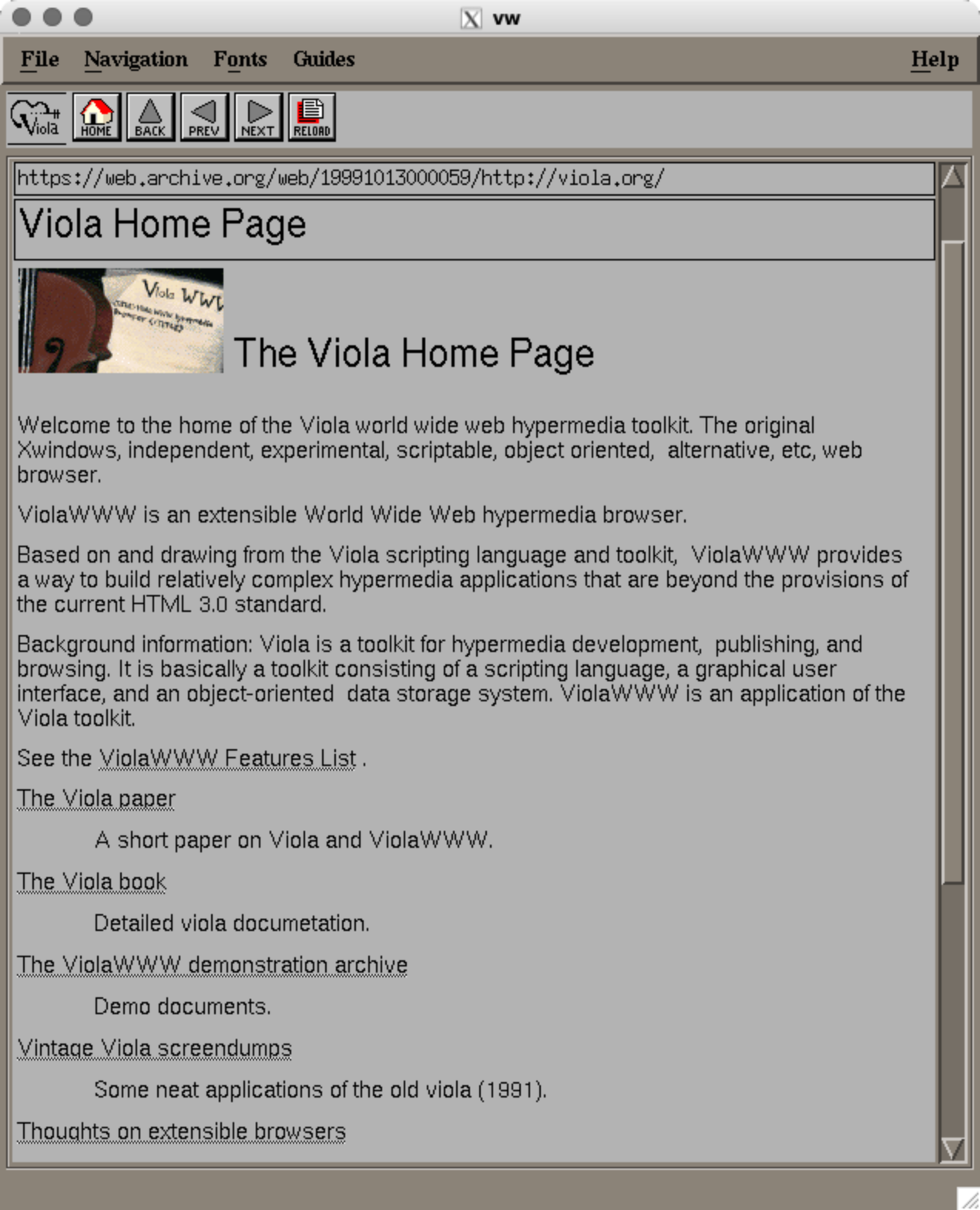 Скриншот веб-страницы Viola Home Page в браузере ViolaWWW: заголовок, описание гипермедийного инструмента Viola и ссылки на документацию, демо и скриншоты.