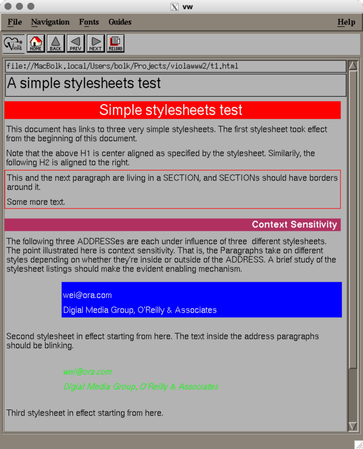 Скриншот ViolaWWW с заголовком «A simple stylesheets test»: красный фон H1, синие и зелёные блоки адресов, текст с разными стилями.