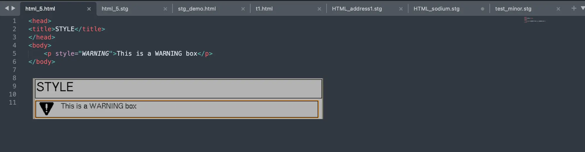 Скриншот редактора кода с HTML-файлом html_5.html, содержащим заголовок STYLE и параграф с классом WARNING, отображающий предупреждение с иконкой восклицательного знака.