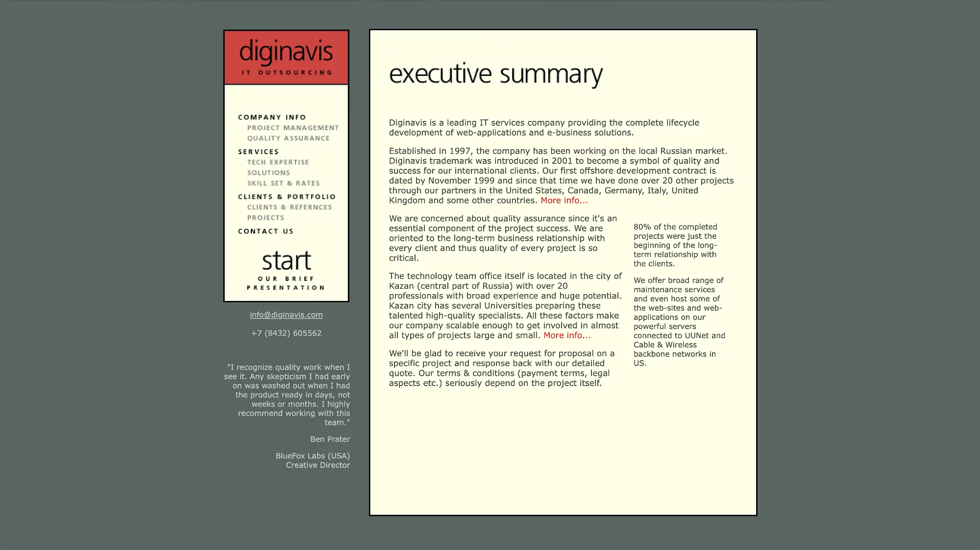 Скриншот страницы компании Diginavis: заголовок «executive summary», описание IT-услуг, контактов, отзыва Бена Пратера и меню слева.