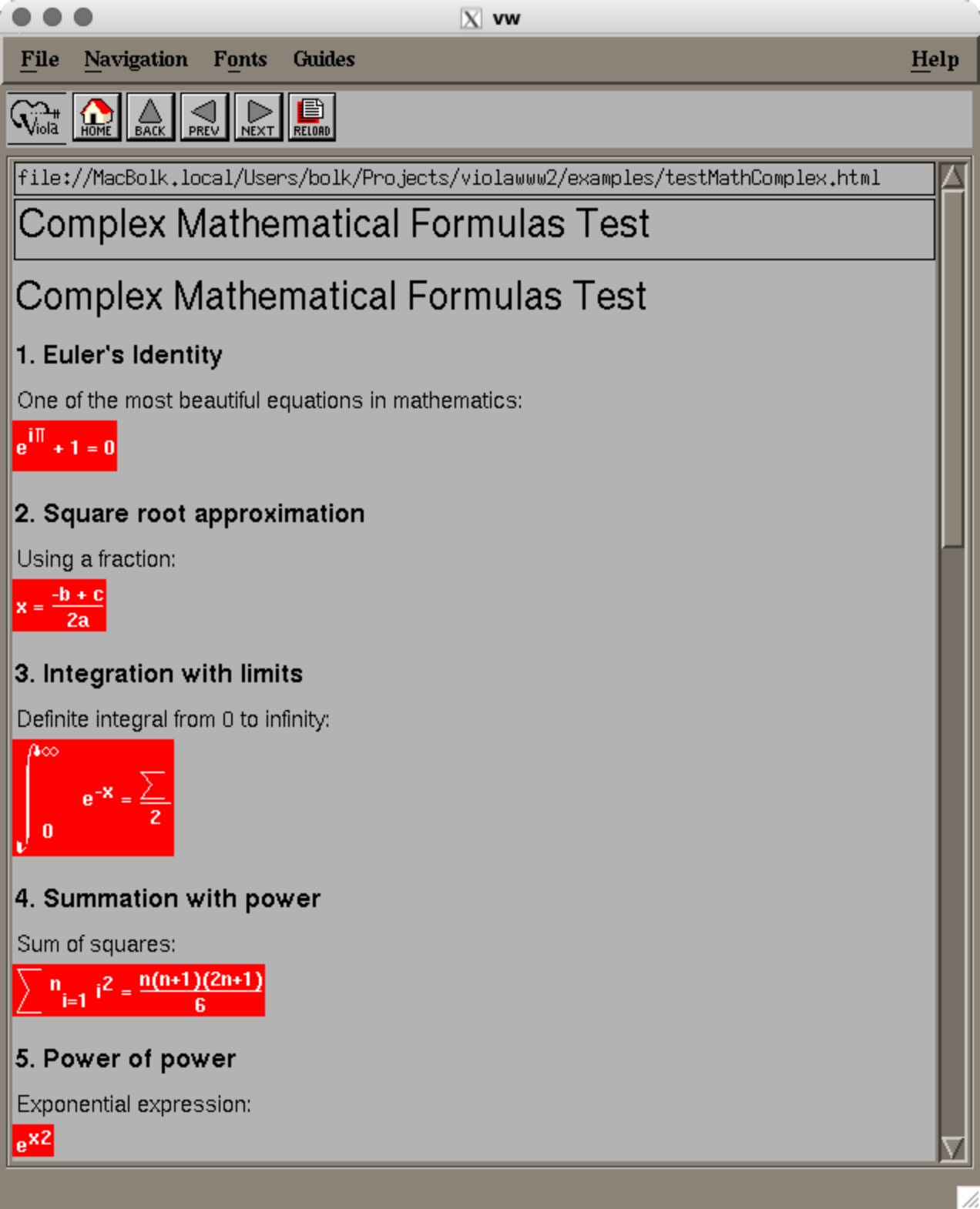 Скриншот веб-страницы «Complex Mathematical Formulas Test» с формулами: e^(iπ)+1=0, x=(-b±c)/2a, интеграл e^(-x), сумма квадратов и e^x².