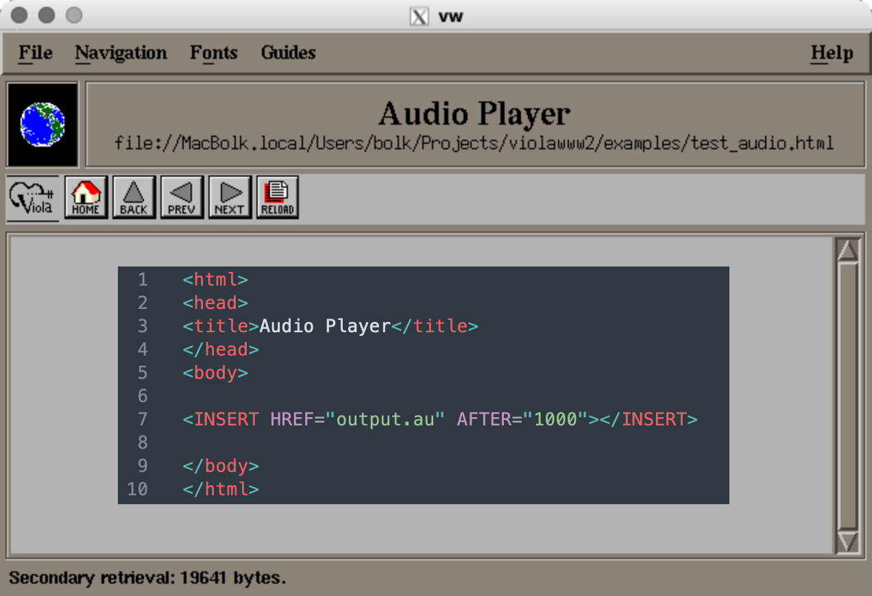 Скриншот окна браузера Viola WWW с заголовком «Audio Player» и HTML-кодом, содержащим тег `` для вставки аудиофайла.
