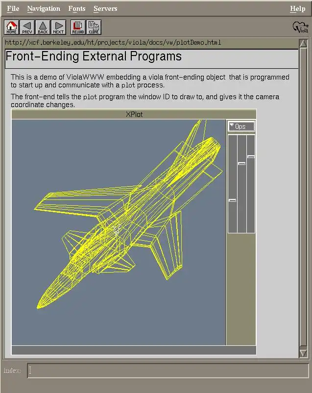 Скриншот ViolaWWW: заголовок «Front-Ending External Programs», описание встраивания front-end для XPlot, жёлтый каркасный самолёт на синем фоне.