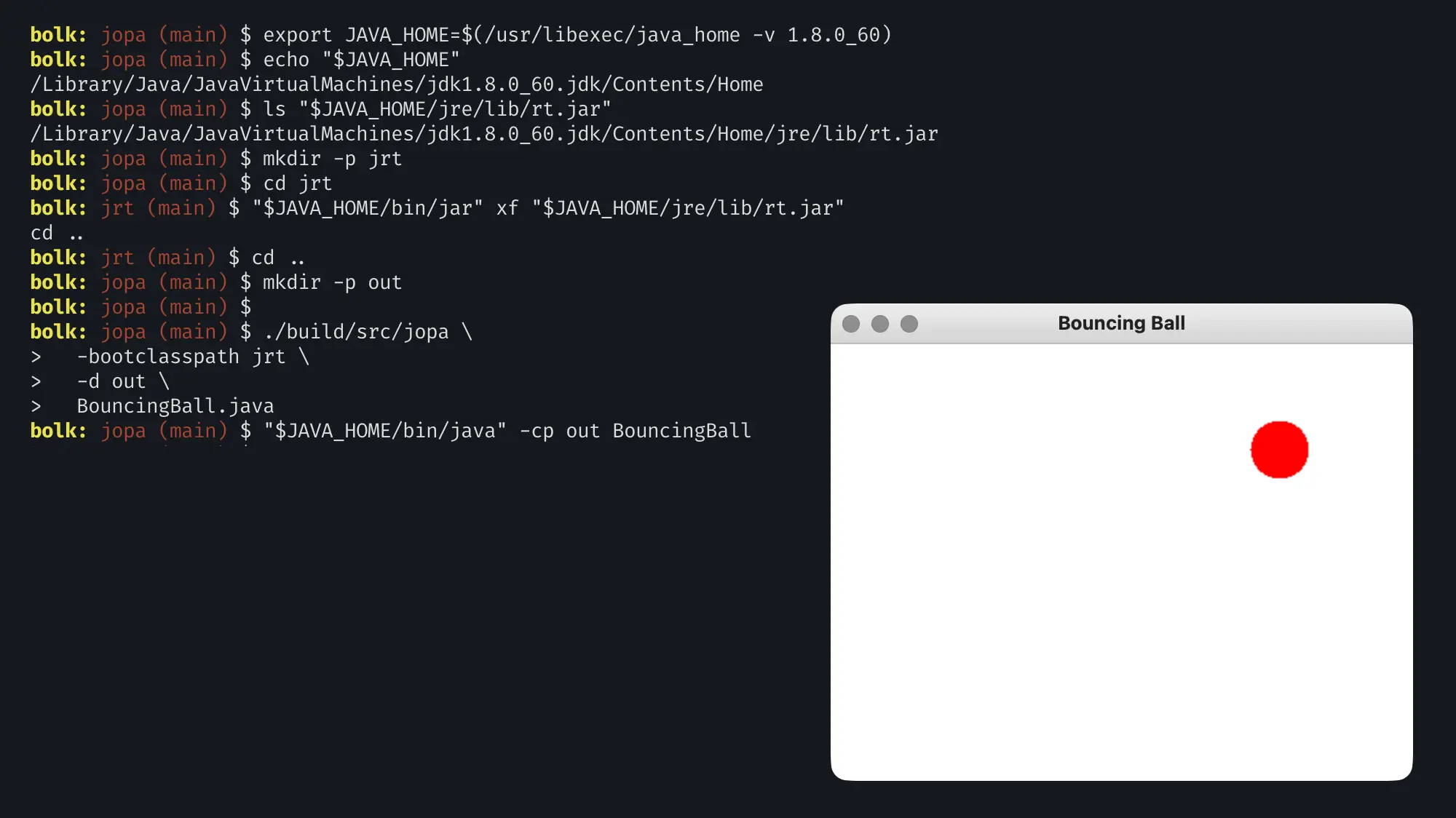Скриншот терминала с командами настройки JAVA_HOME и сборки проекта BouncingBall.java, рядом — окно приложения с красным шаром на белом фоне.