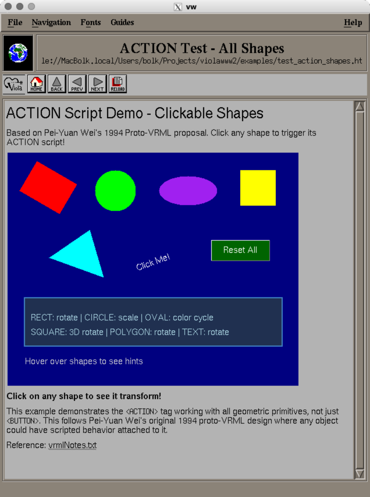 Скриншот веб-страницы «ACTION Script Demo - Clickable Shapes» с цветными геометрическими фигурами и описанием их интерактивных свойств (вращение, масштабирование, смена цвета).