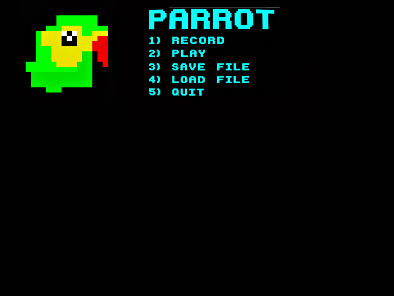 Пиксельный попугай и меню программы PARROT с пунктами: 1) RECORD, 2) PLAY, 3) SAVE FILE, 4) LOAD FILE, 5) QUIT.