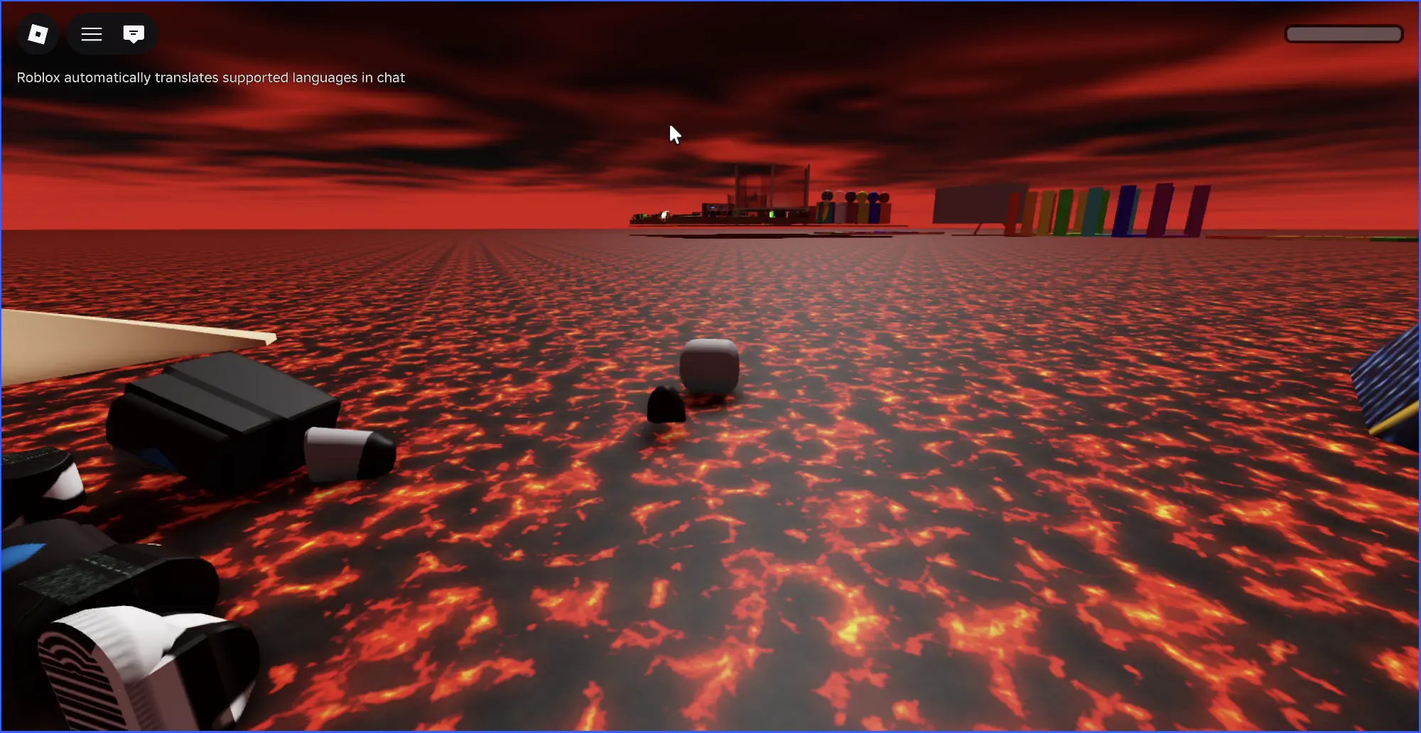 Скриншот игры Roblox: персонажи на лавовом поле под красным небом, вверху надпись «Roblox automatically translates supported languages in chat».