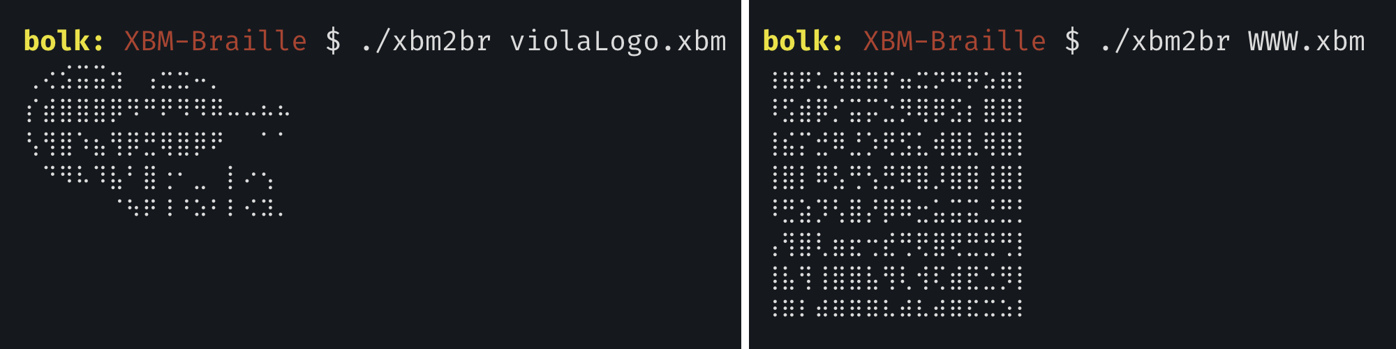 Скриншот терминала: конвертация XBM-файлов в Брайль с помощью утилиты xbm2br (violaLogo.xbm и WWW.xbm)
